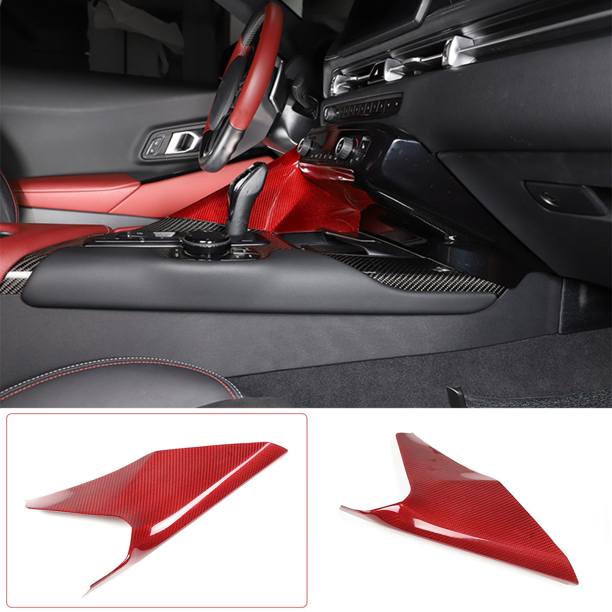 Red Real Carbon Fiber Center Gear Shift Side Panel Trim For Toyota Supra A90 19+ 16