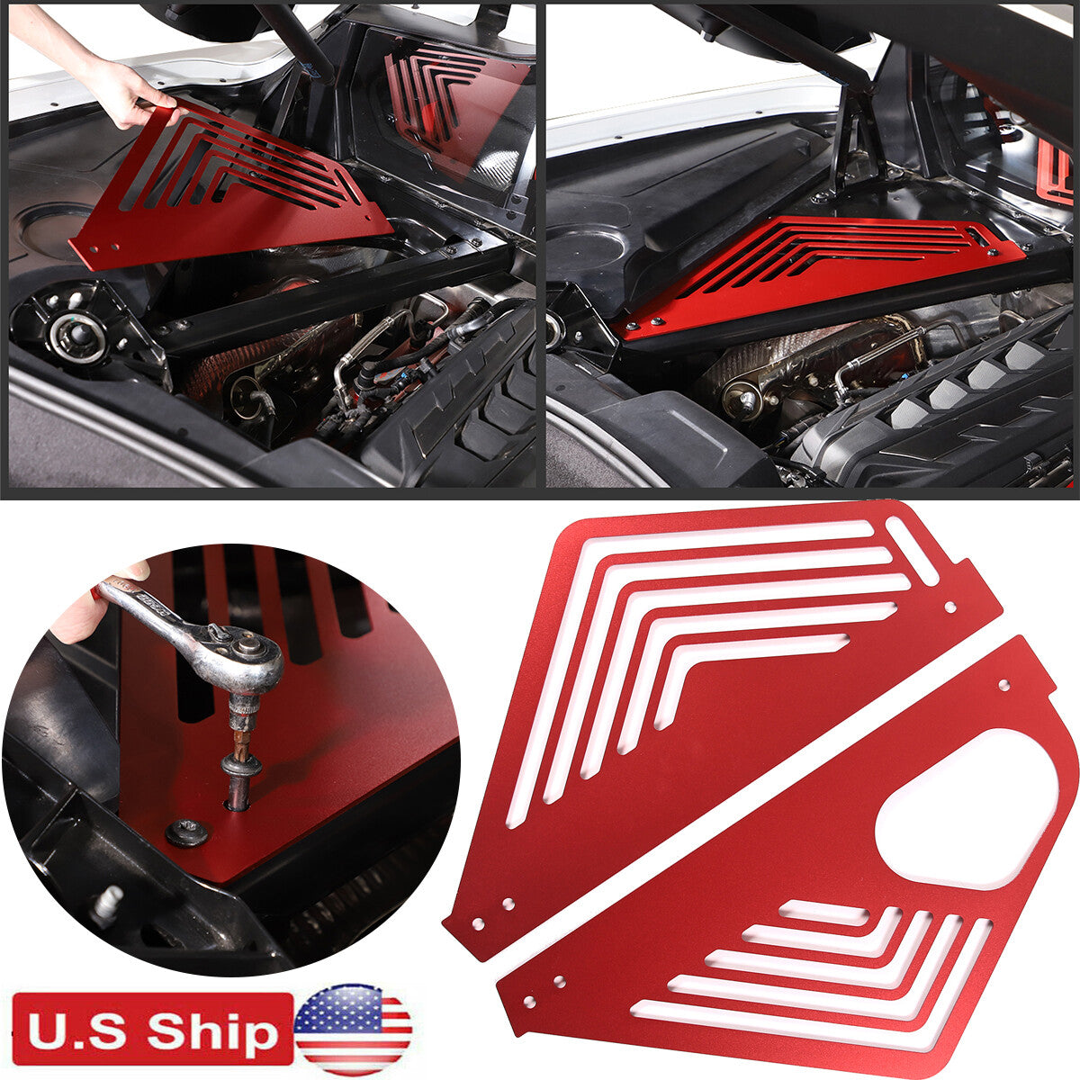 Red Aluminum Engine Cover Bay Panel Trim Cover Kit For Corvette C8 2020-25 US 2
