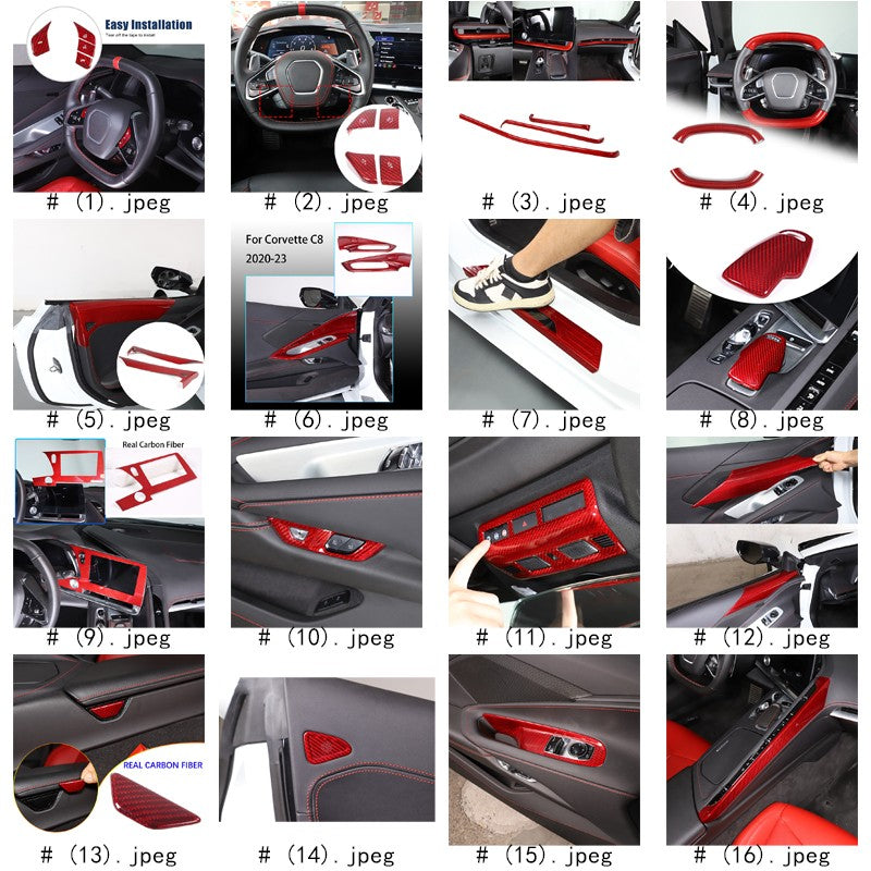 Red Real Carbon Fiber Full Interior Set Decor Trim Kit for Corvette C8 20-25 64