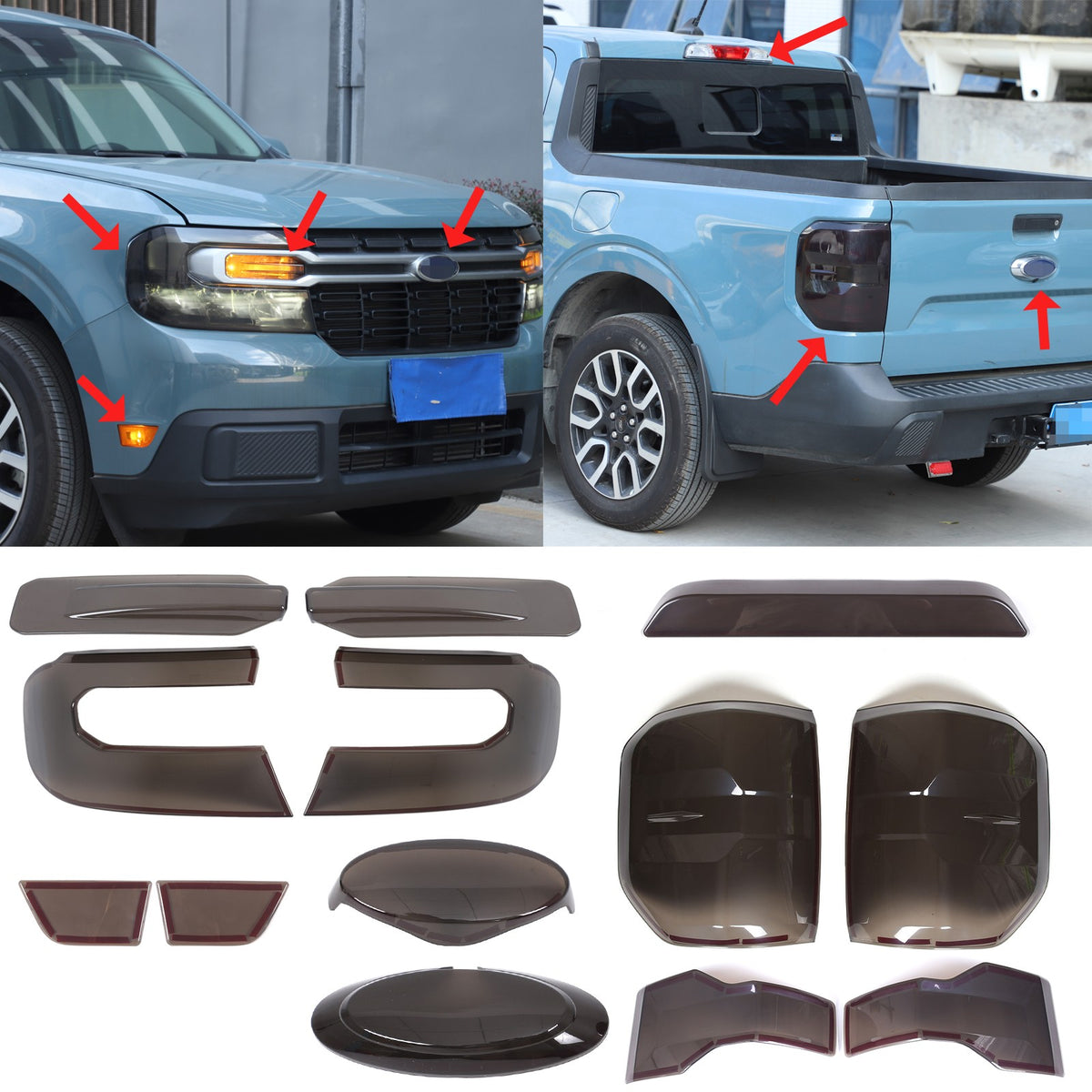 Smoked Black Front Rear Tail Light Emblem Cover Trim Set For Ford Maverick 22+ 2