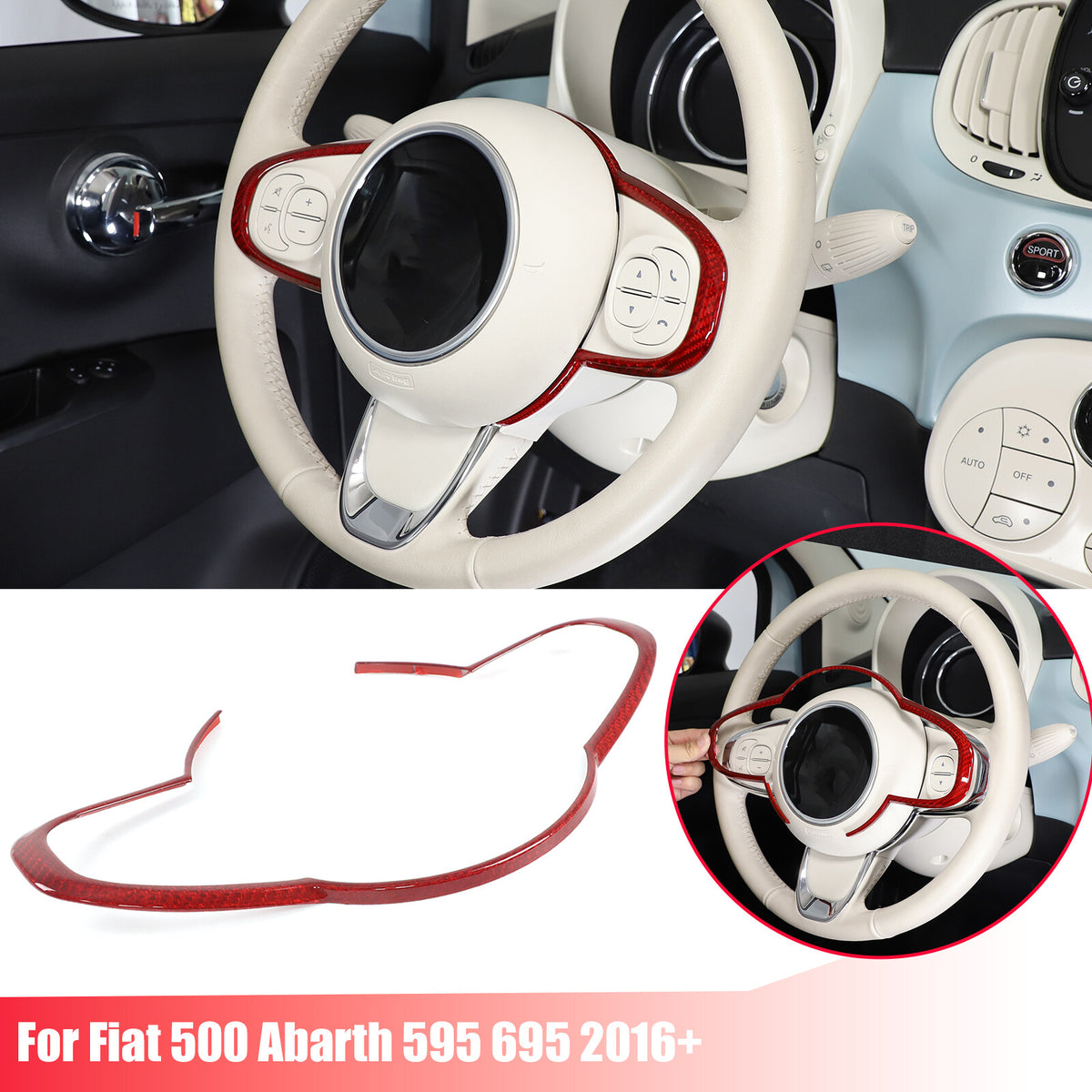 Red Real Carbon Fiber Steering Wheel Trim For Fiat 500 Abarth 595 695 2016+ 1