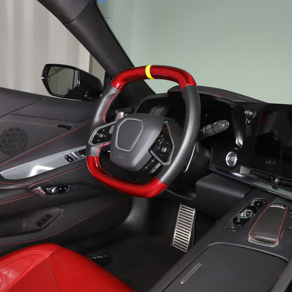 Red Real Carbon Fiber Yellow Top Steering Wheel Cover Trim For Corvette C8 2020+ 13