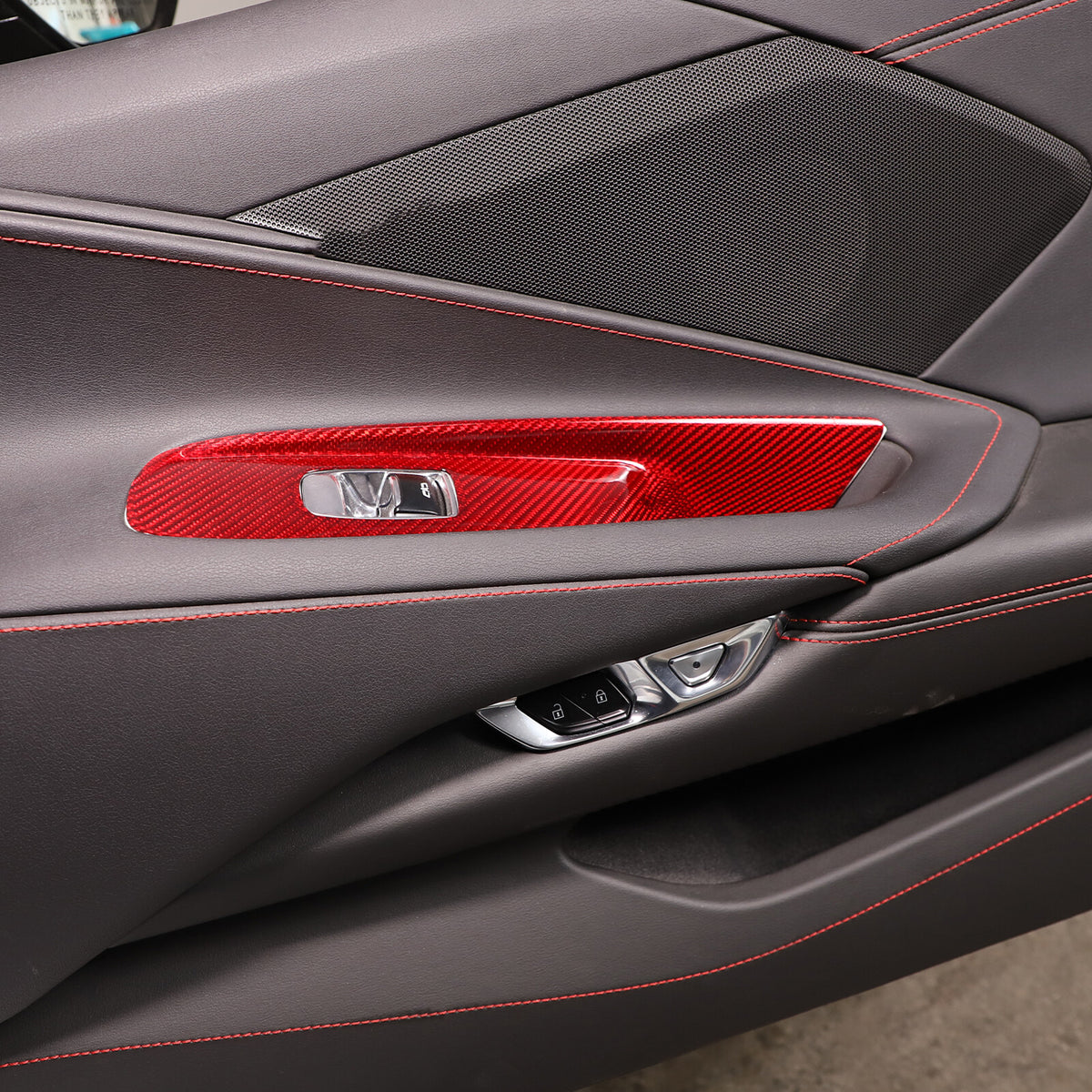 Red Real Carbon Fiber Window Lift Button Cover Trim For Corvette C8 Coupe 20-26 6