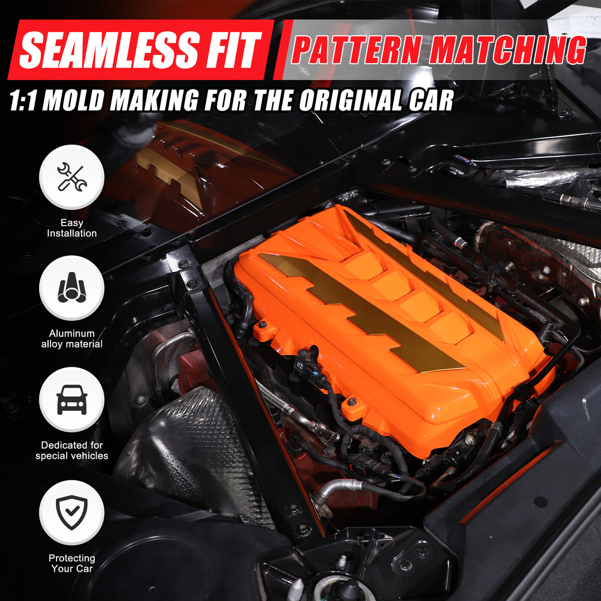 Orange Engine Bay Panel Cover Trim in Edge Yellow For Corvette C8 2020-26 US 5