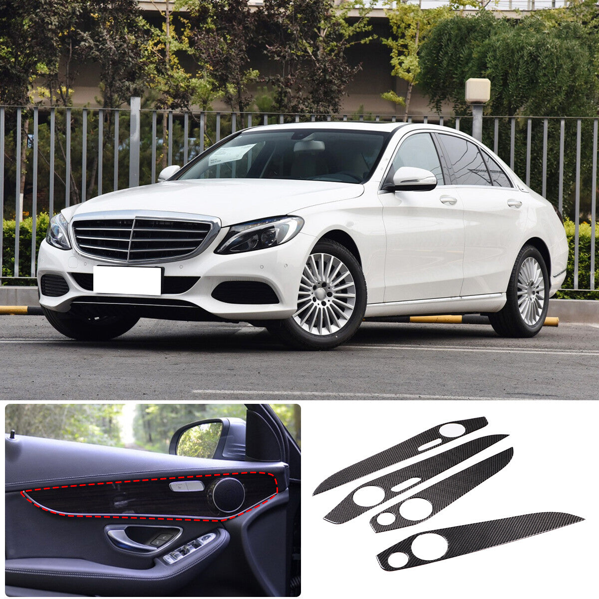 Real Carbon Fiber Interior Door Panel Trim For Benz C GLC Class W205 2014-20 8