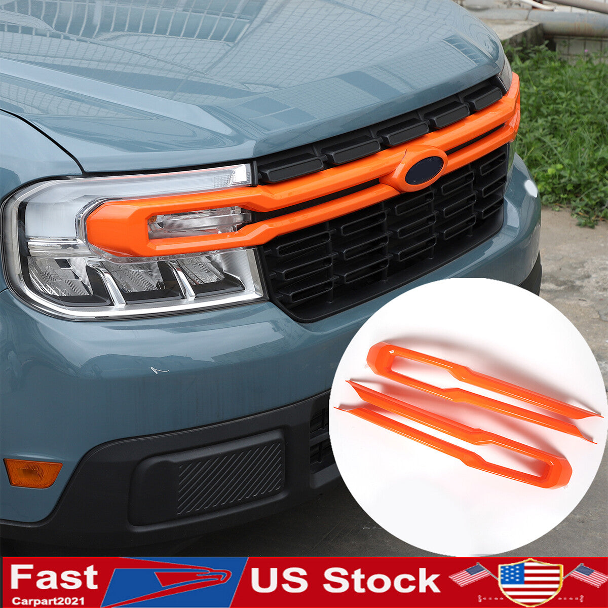 Orange Front Bumper Grille Trim Cover + Logo Ring For Ford Maverick 2022 US 2