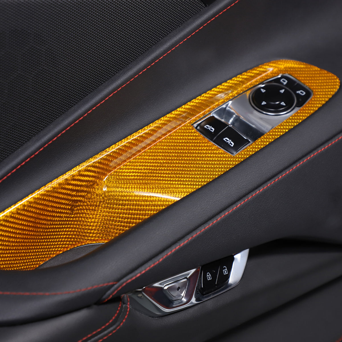 Yellow Carbon Fiber Window Lift Switch Button Trim For Corvette C8 Coupe 2020-26 8