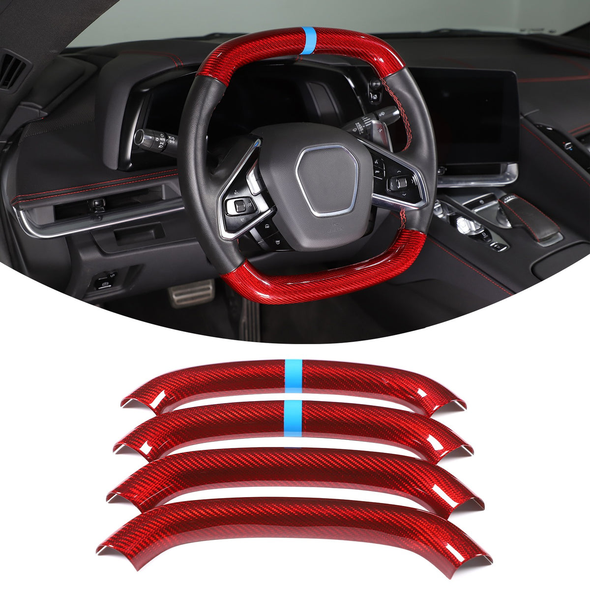 Red Real Carbon Fiber Blue Top Steering Wheel Cover Trim For Corvette C8 2020+ 2