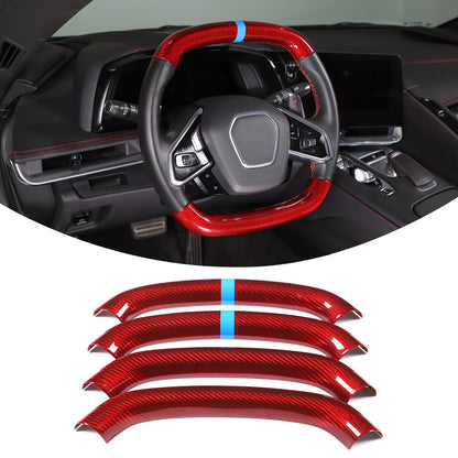 Red Real Carbon Fiber Blue Top Steering Wheel Cover Trim For Corvette C8 2020+ 2