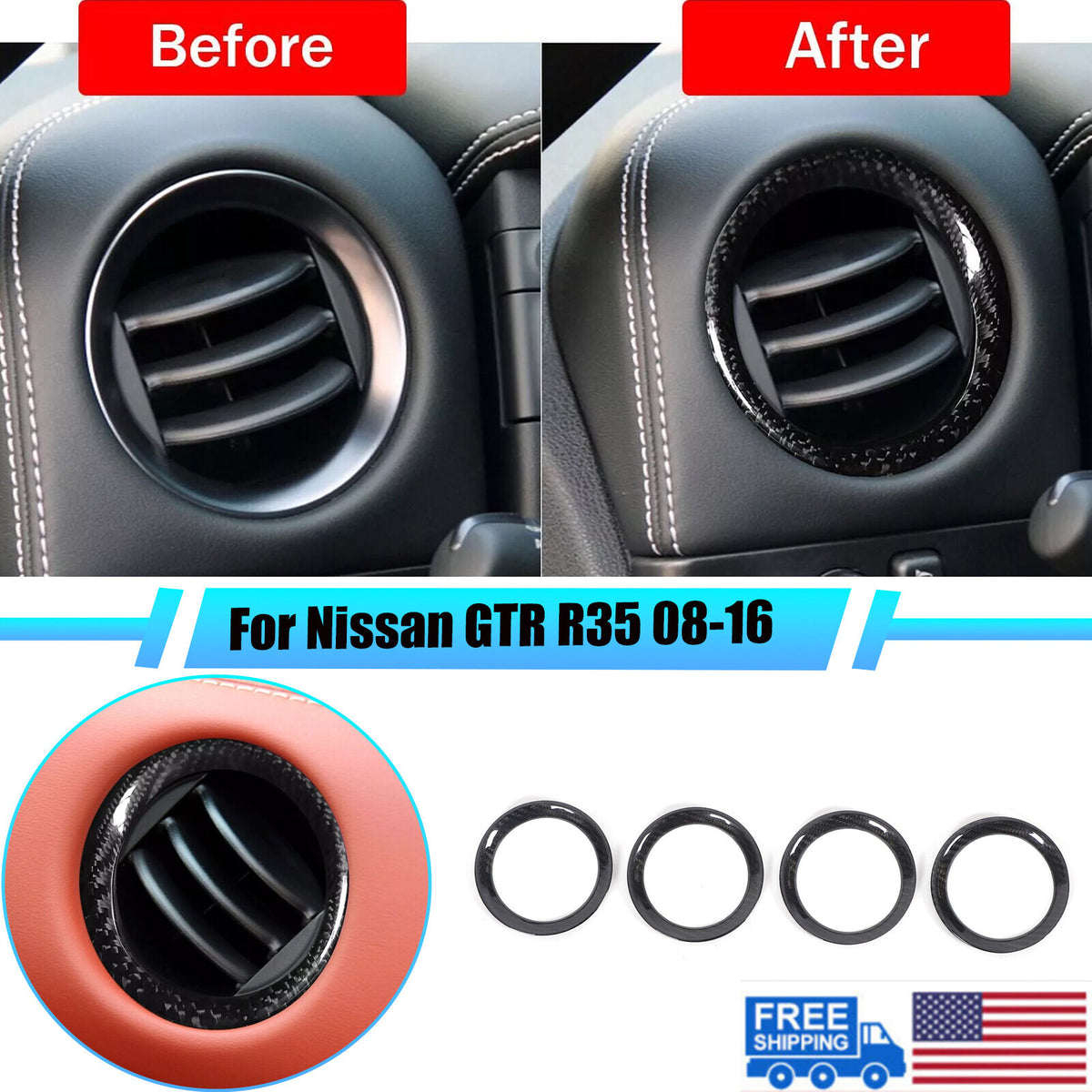 Real Carbon Fiber Dashboard Air Outlet Vent Cover For Nissan GTR R35 2008-16 US 1