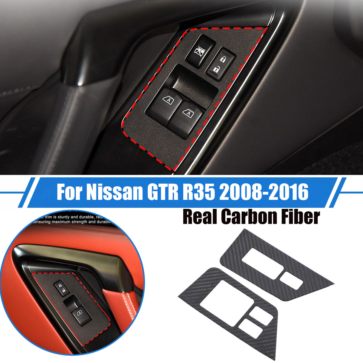 Real Carbon Fiber Window Lift Switch Button Trim For Nissan GTR R35 2008-2016 1