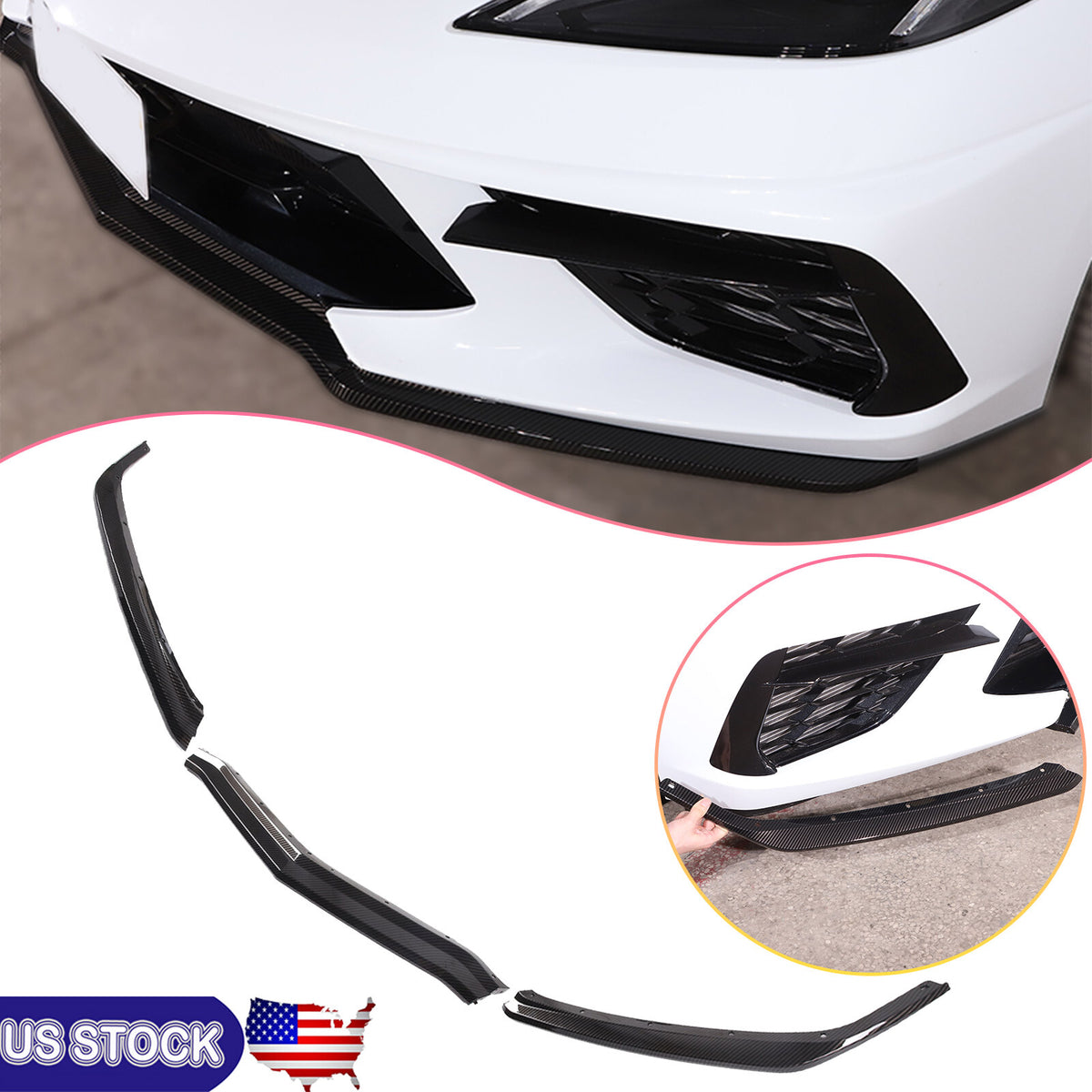 ABS Carbon Replacement Front Bumper Lip Splitter Kits Set For Corvette C8 20-25 1