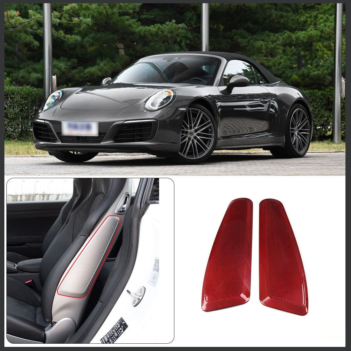 Red Carbon Fiber Interior Seat Side Panel Trim Cover for Porsche 911 718 15-20 4