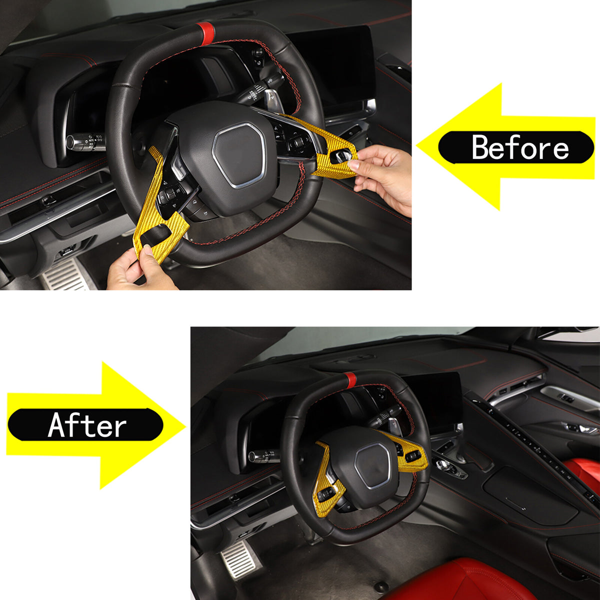 Yellow Carbon Fiber Steering Wheel Button Cover Trim For Corvette C8 20-26 11