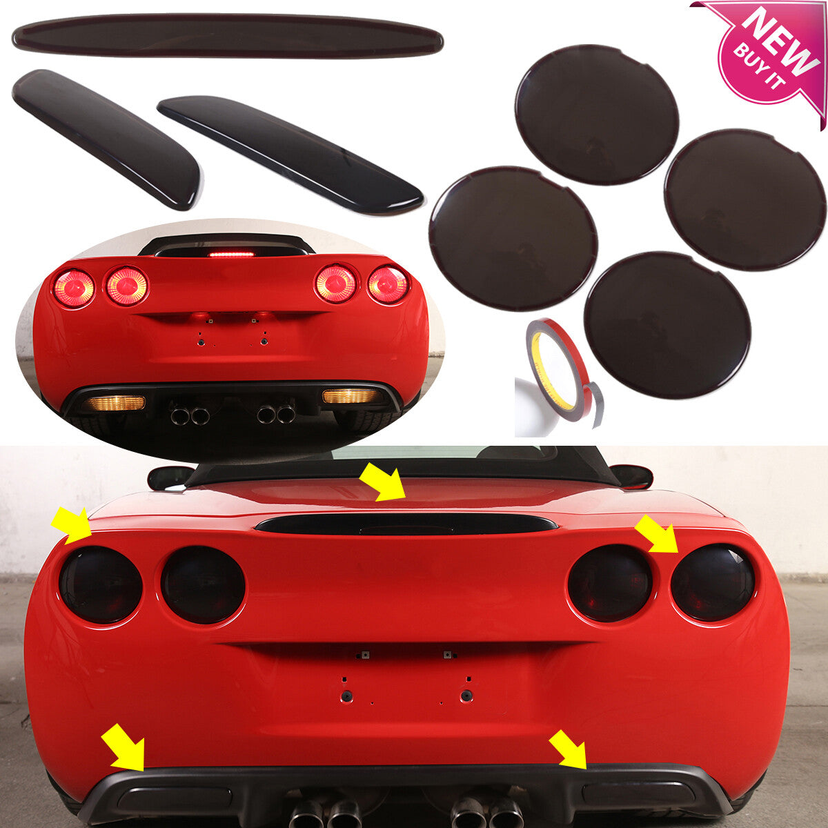 Smoked Tail & Rear Fog & Brake Blackout Lights Covers For 2005-2013 C6 Corvette 1