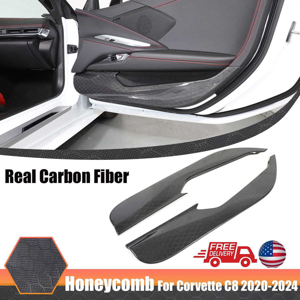 Real Honeycomb Carbon Fiber Door Panel Cover Trim For Corvette C8 20+ US 1