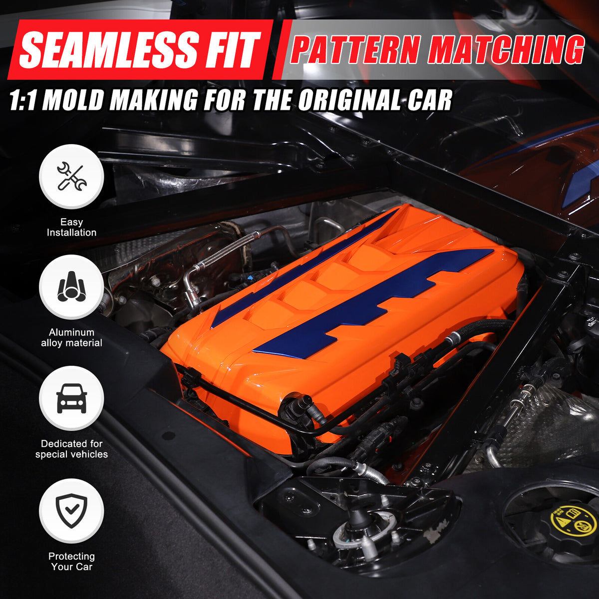 Orange Engine Bay Panel Cover Trim in Edge Blue For Corvette Coupe C8 2020-2026 14