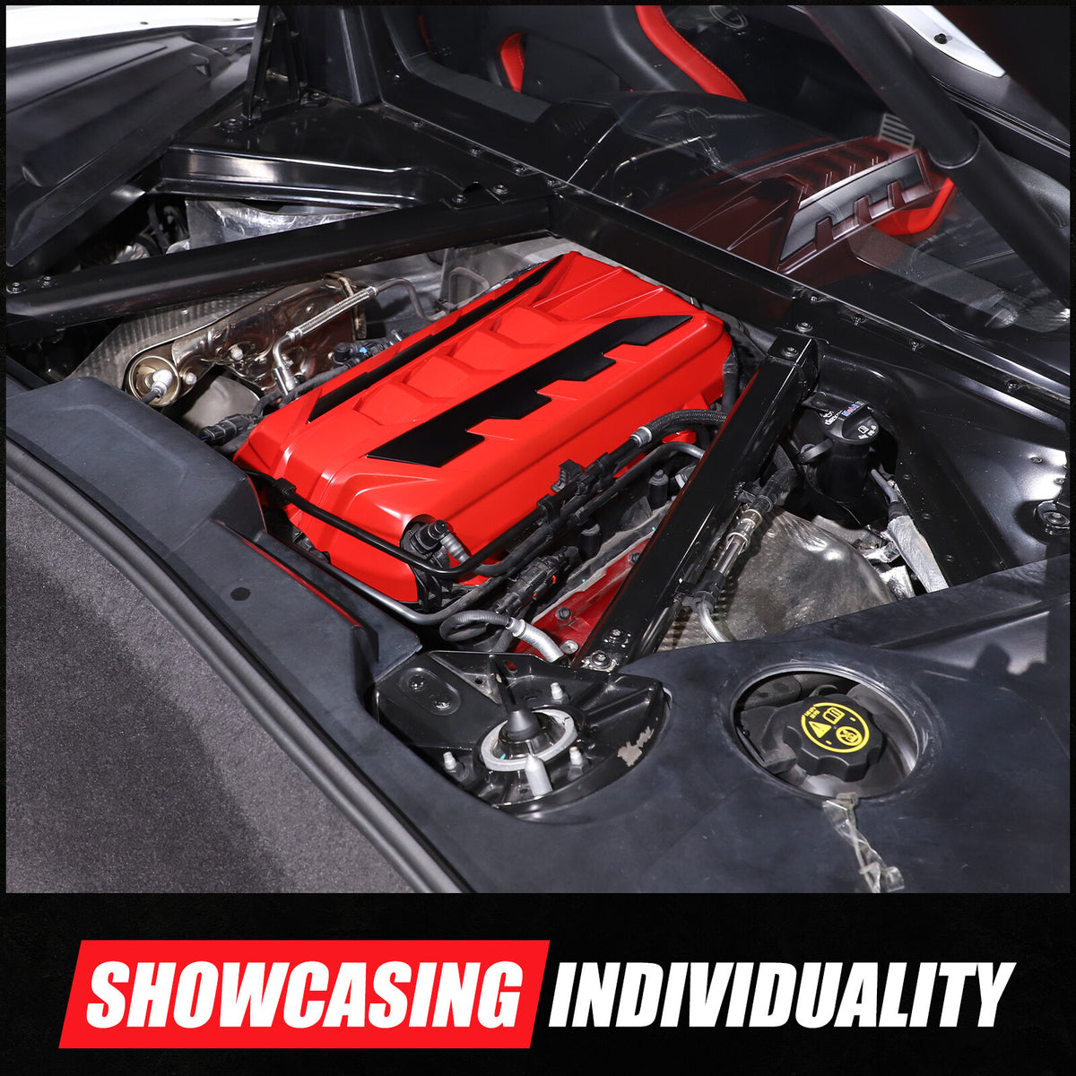 Red Engine Bay Panel Cover Trim in Edge Black For Corvette Coupe C8 2020-2026 US 22