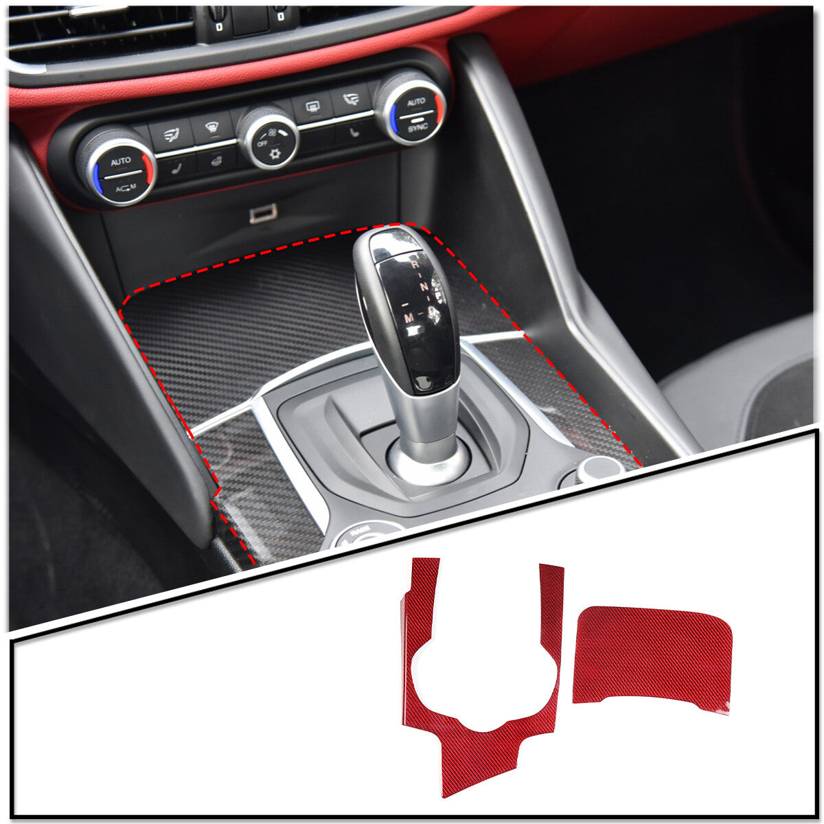 Red Carbon Fiber Car Gear Shift Panel Cover Trim For Alfa Romeo Giulia 2017-19 4