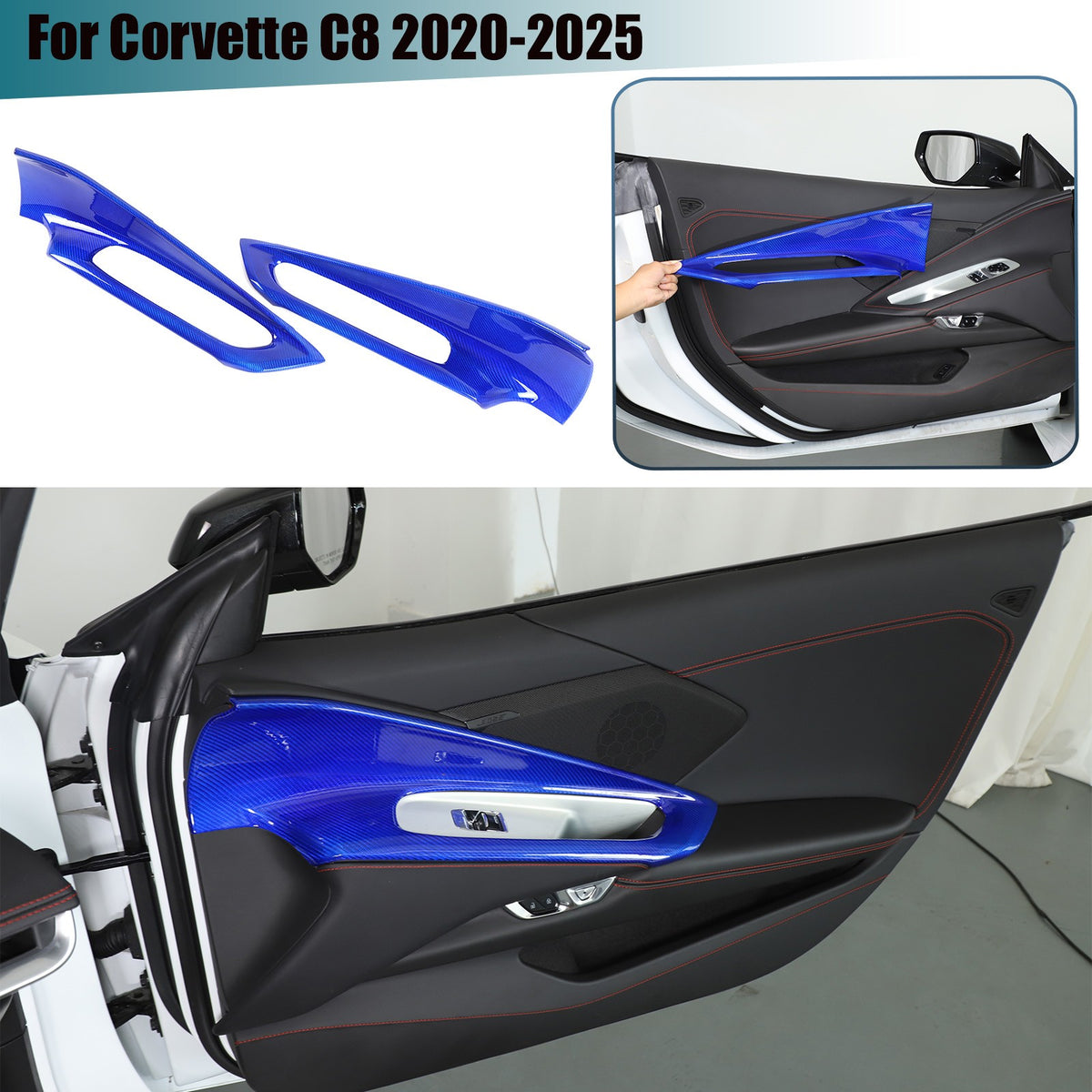 Blue Real Carbon Fiber Interior Door Panel Trim Cover For Corvette C8 2020-2026 1