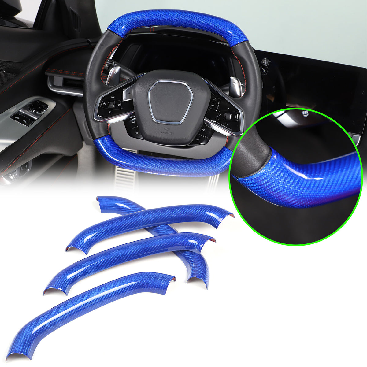 Blue Carbon Fiber Steering Wheel Top Lower Handle Cover Trim For C8 Corvette 3