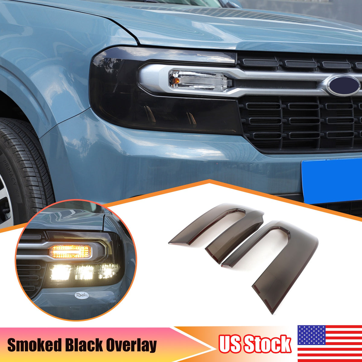 Transparent Gray Smoked Front Headlight Cover Trim For Ford Maverick 2022-24 US 1