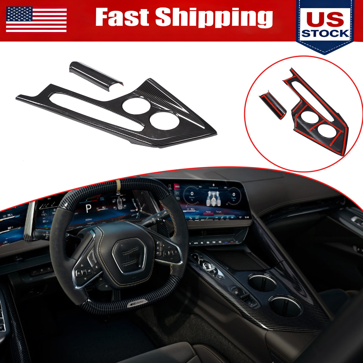 Carbon Fiber ABS Center Console Gear Shift Panel Trim Cover For Corvette C8 26+ 1
