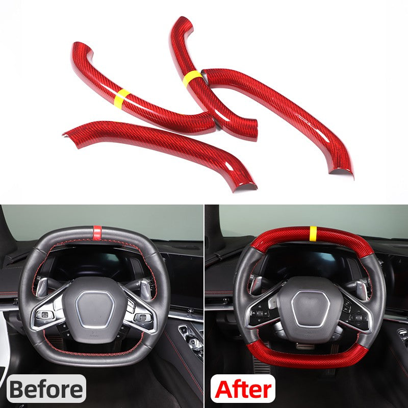 Red Real Carbon Fiber Yellow Top Steering Wheel Cover Trim For Corvette C8 2020+ 24