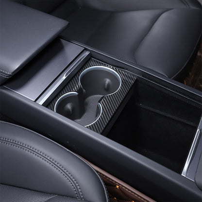 Real Carbon Fiber Center Water Cup Holder Panel Trim Cover For Tesla Model 3 23+ 16
