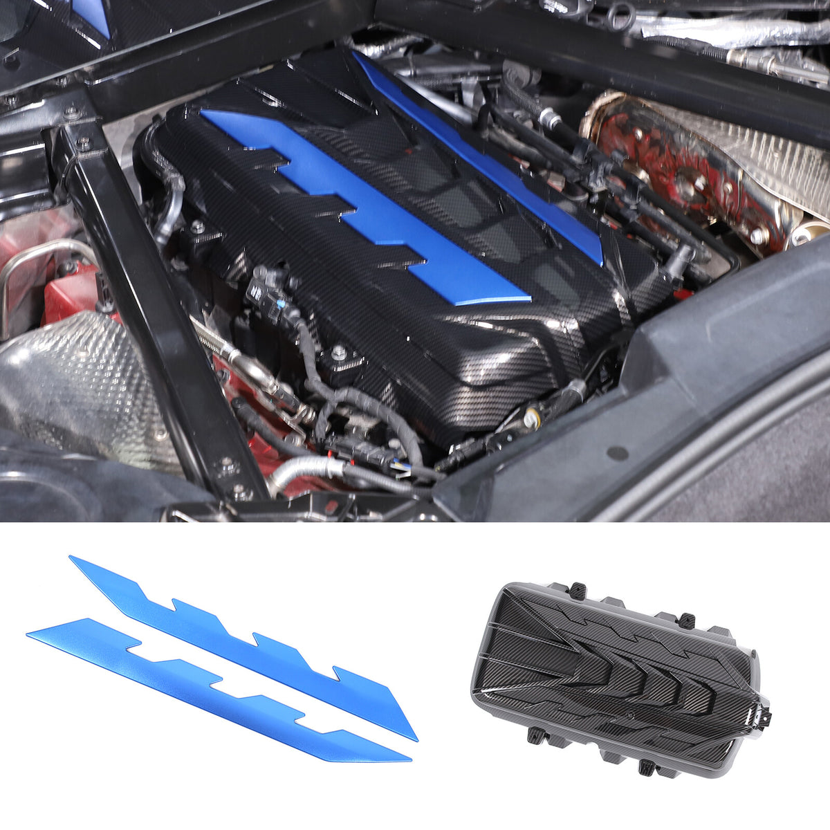 Carbon Fiber Engine Bay Panel Cover Trim in Edge Blue For Corvette C8 2020-26 US 10