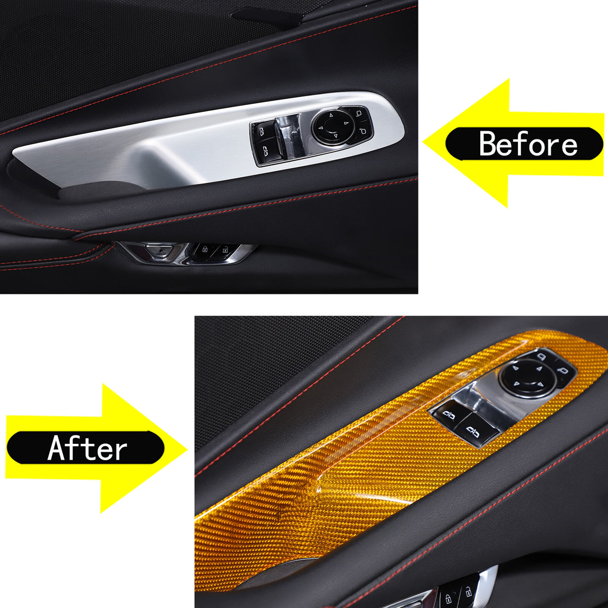 Yellow Carbon Fiber Window Lift Switch Button Trim For Corvette C8 Coupe 2020-26 3