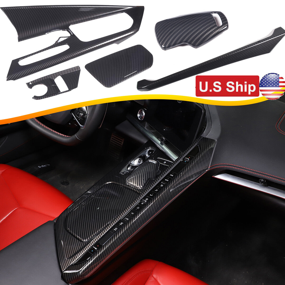 Carbon Fiber Style Center Console Panel Trim Cover Set Kit For Corvette C8 20+ 1