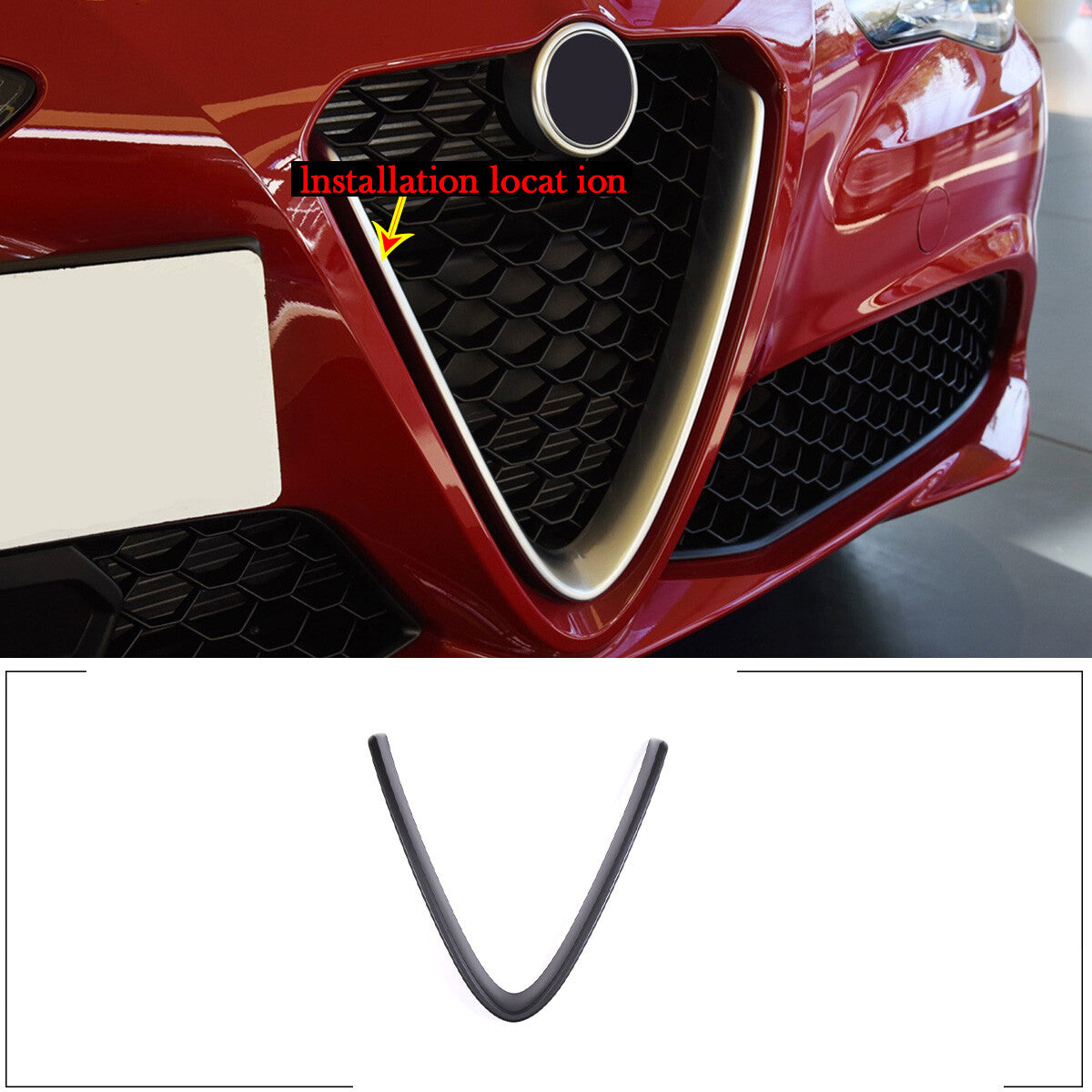 Matte Black Front Grille V Shape Cover+Logo Ring Trim for Alfa Romeo Giulia 17+ 2