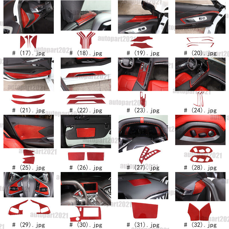 Red Soft Carbon Fiber Interior Decor Trim Kit Cover Set For Corvette C8 20-25 3