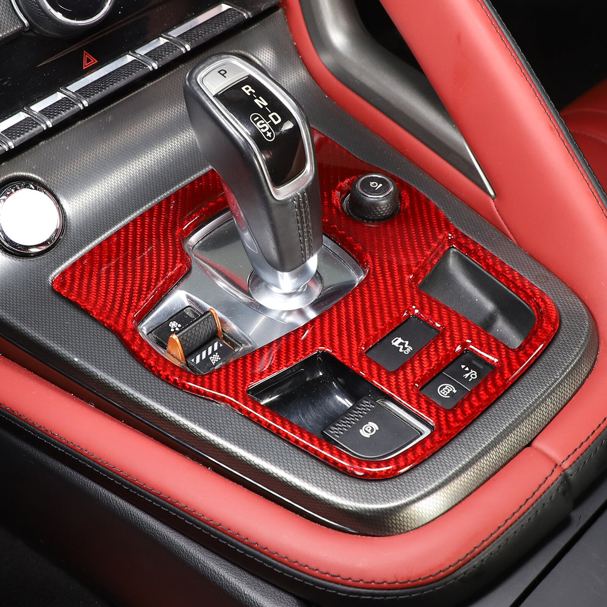 Red Real Carbon Fiber Center Console Gear Cover Set For 2013-22 Jaguar F-TYPE 17