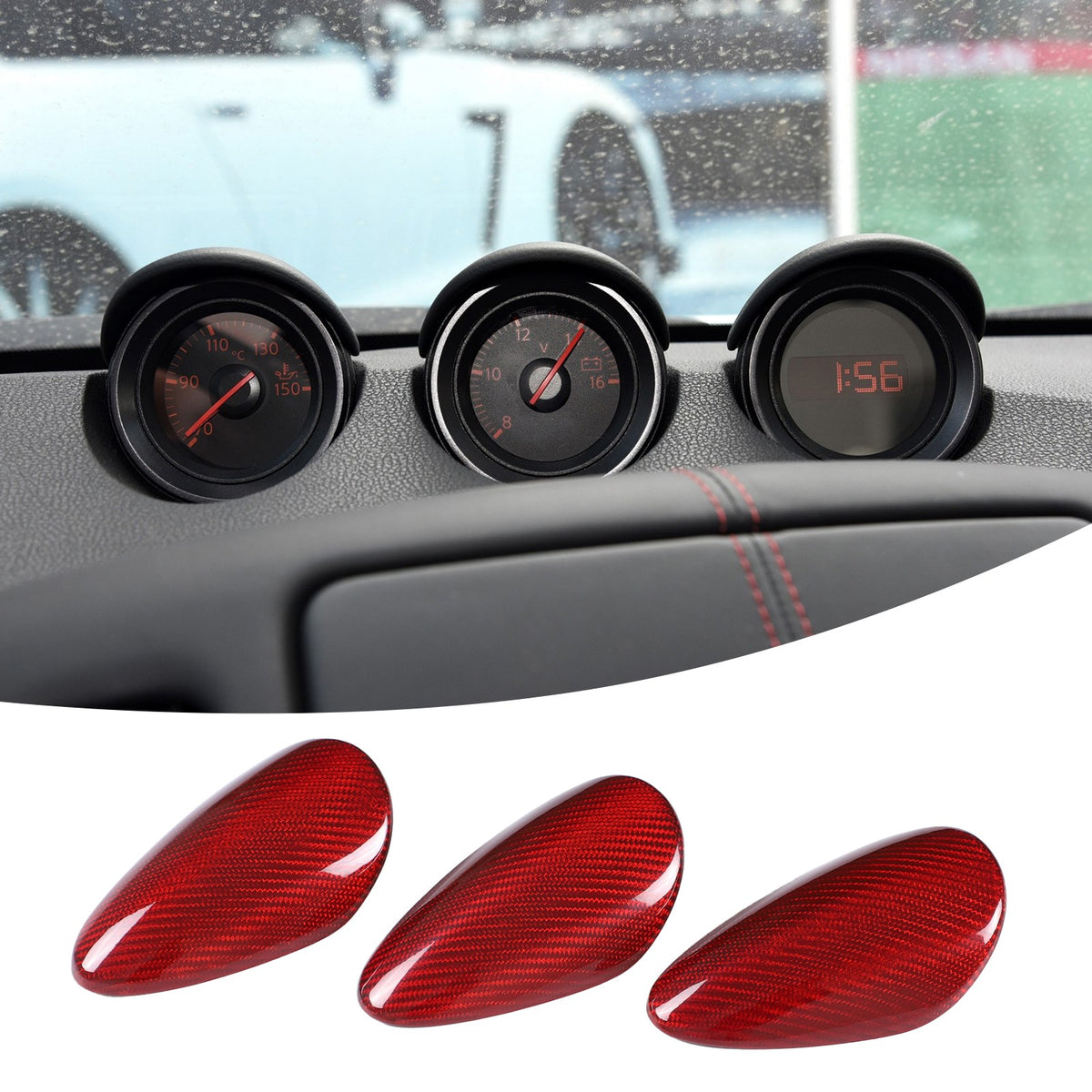 Red Real Carbon Fiber Triple Gauge Bezel Trim Cover For Nissan 370Z 2009-20 14