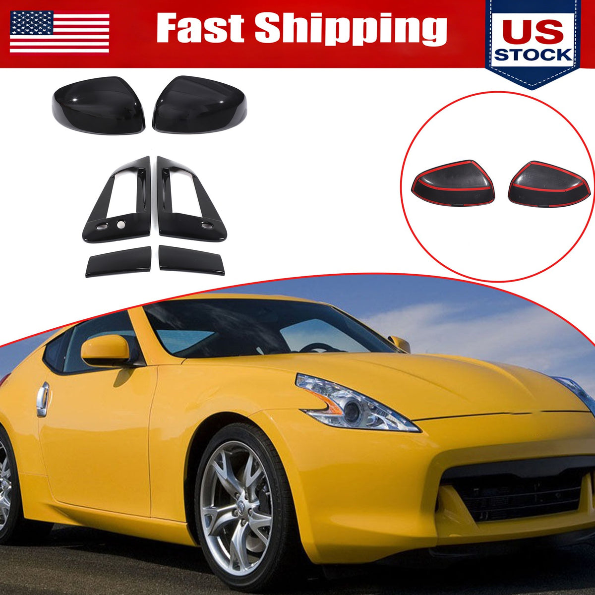 Glossy Black Exterior Door Handle Side Mirror Trim Set For Nissan 370Z Z34 09-20 1