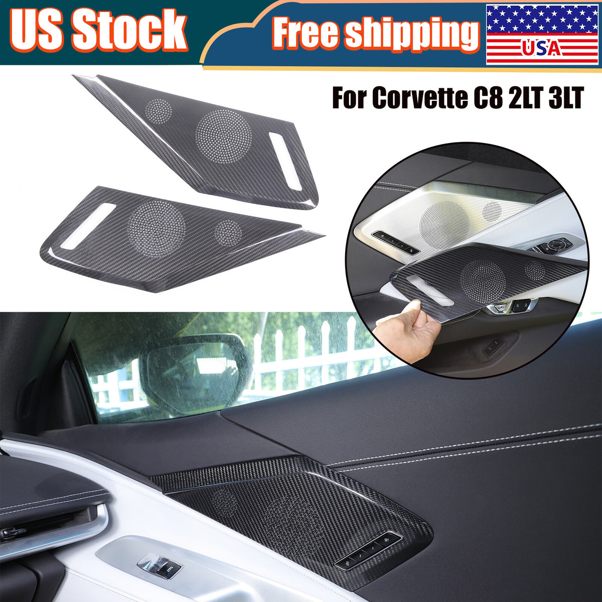Real Carbon Door Speaker Cover Trim For Corvette C8 Z51 Z06 Coupe 2LT 3LT 20+ US 1