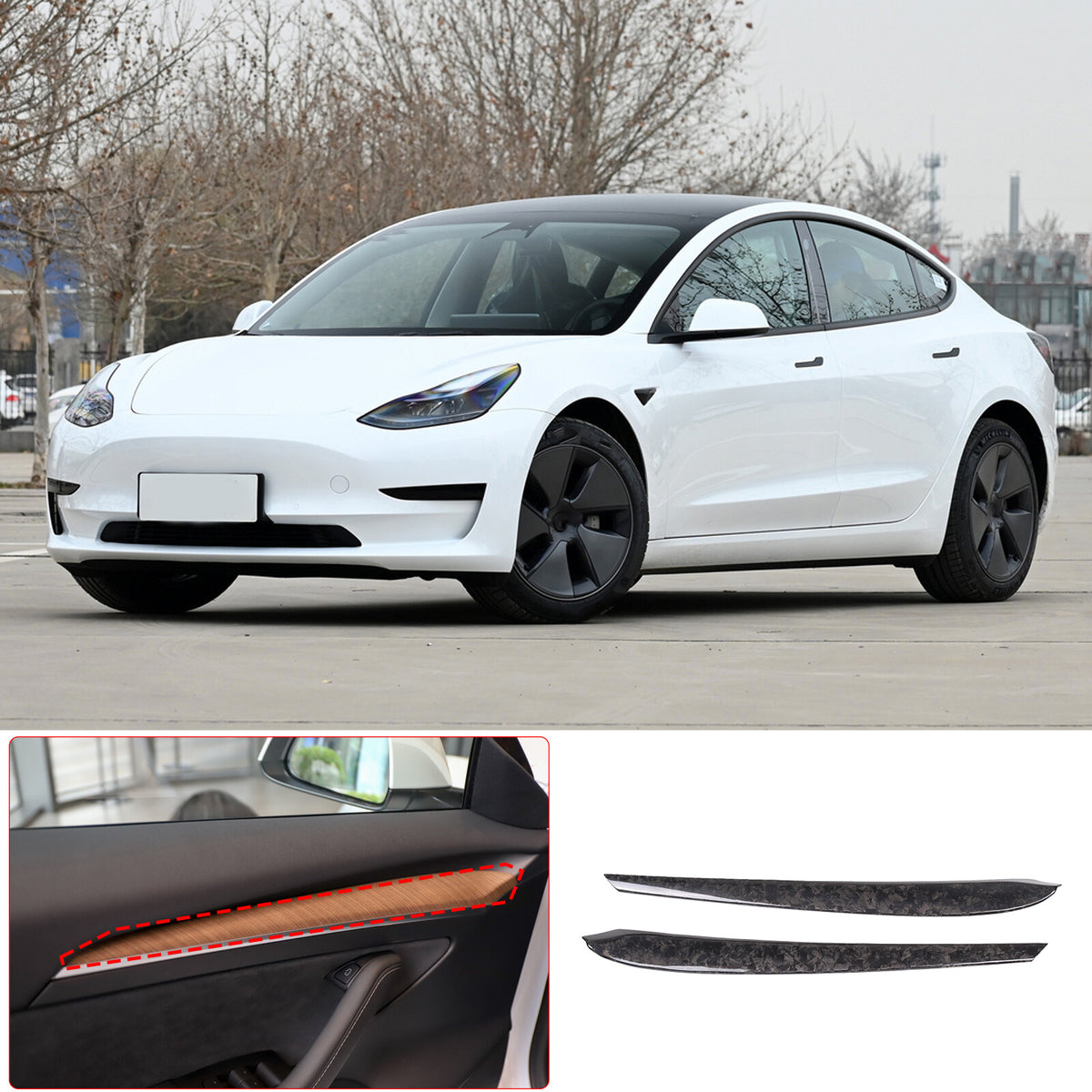Forged Real Carbon Fiber Inner Door Panel Strip Trim For Tesla Model 3 Y 2021-22 4