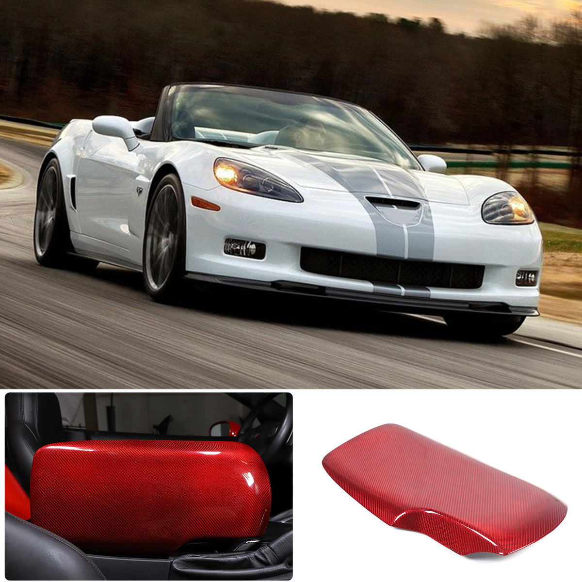 Red Real Carbon Fiber Center Console Armrest Box Cover For Corvette C6 2005-13 9