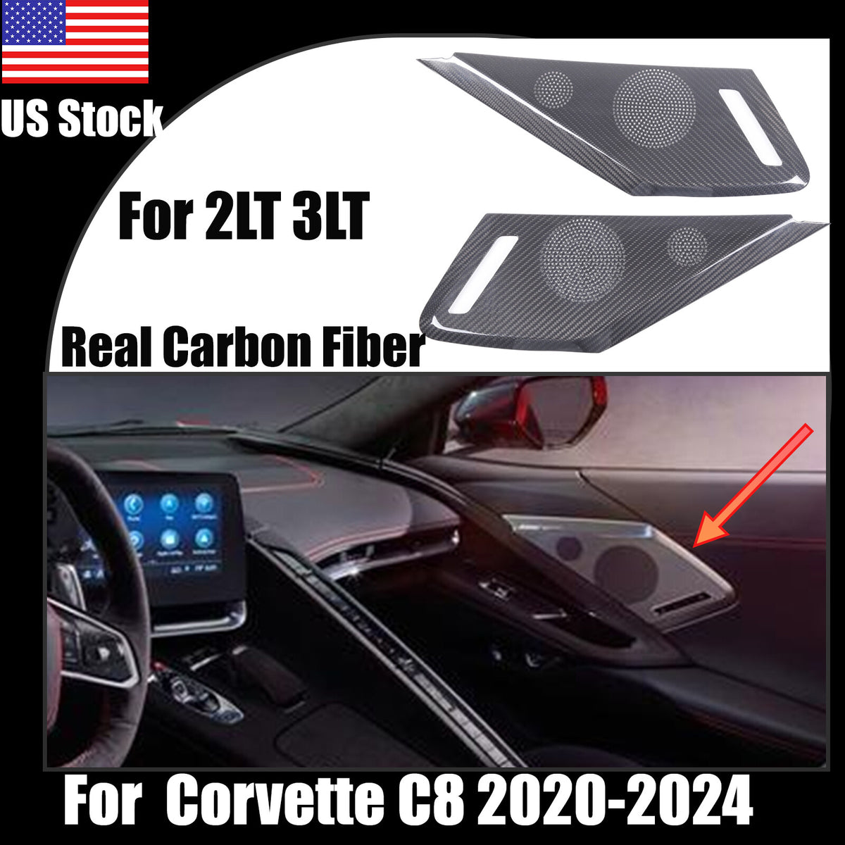 Real Carbon Fiber Side Door Speaker Cover Horn For C8 Corvette 2LT 3LT 2020-26 1