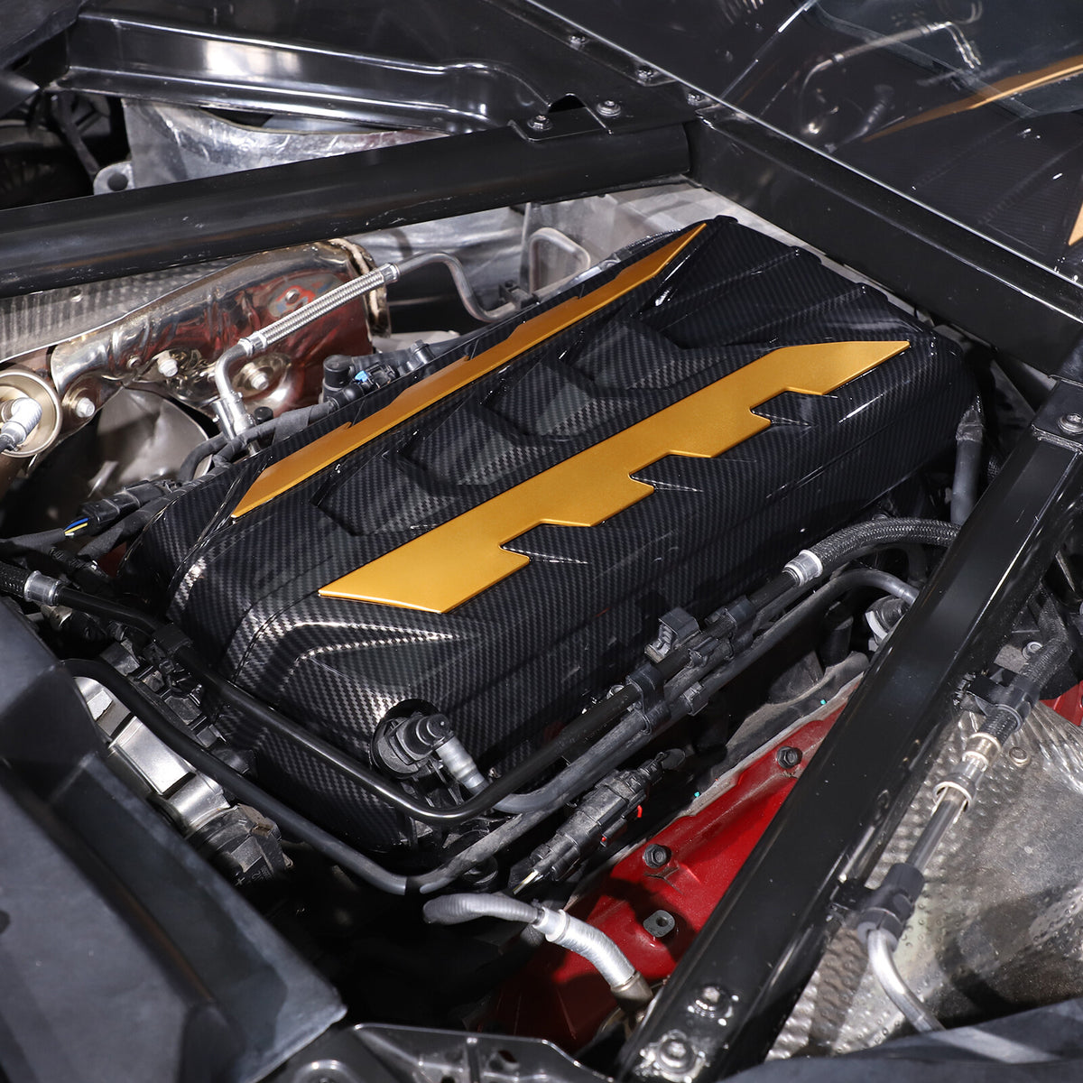 Black Engine Bay Panel Cover Trim in Edge Yellow For Corvette C8 2020-26 US 22