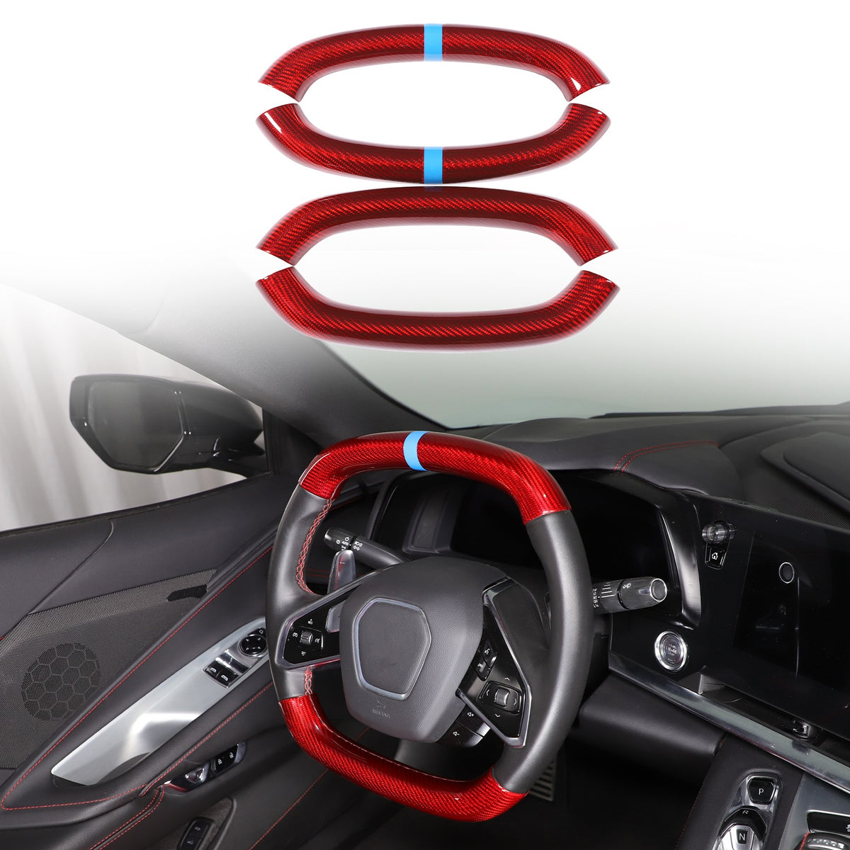 Red Real Carbon Fiber Blue Top Steering Wheel Cover Trim For Corvette C8 2020+ 1