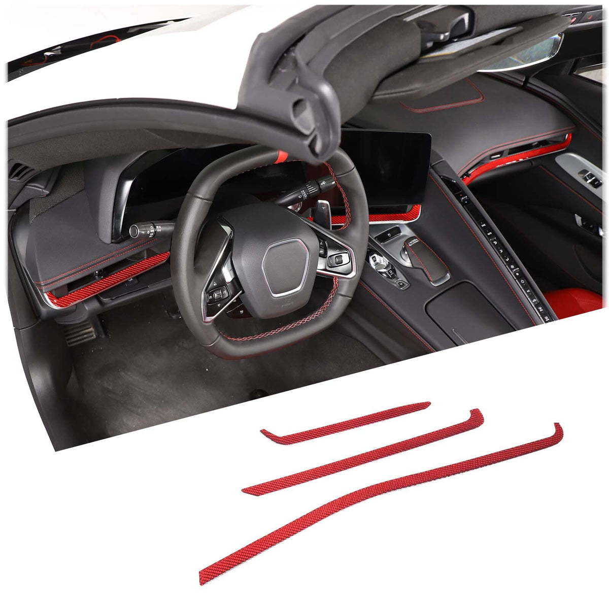 Red Soft Carbon Fiber Interior Decor Trim Kit Cover Set For Corvette C8 20-25 143