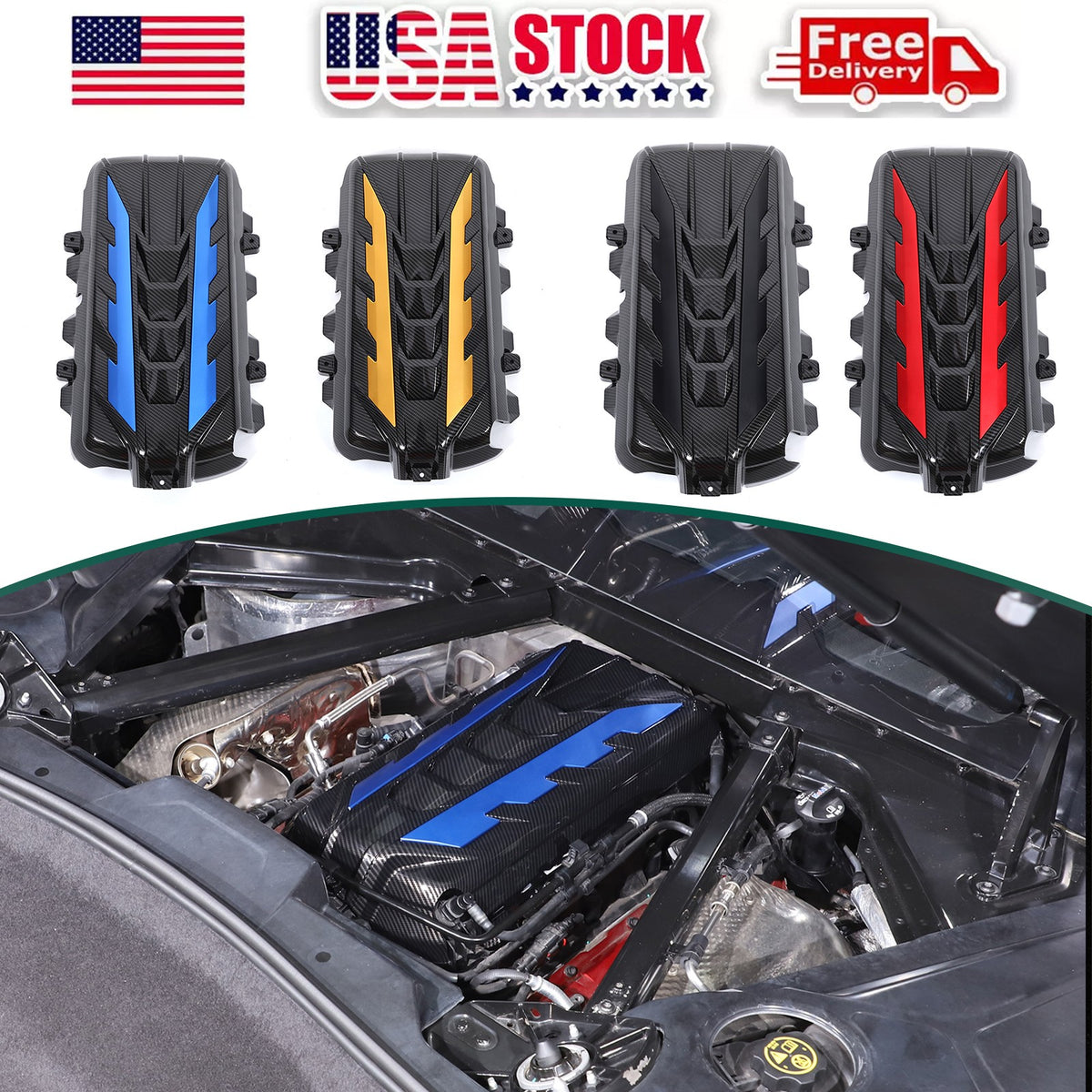 Carbon Fiber Engine Bay Panel Cover in Edge Red/Blue/Black For Corvette C8 Coupe 1