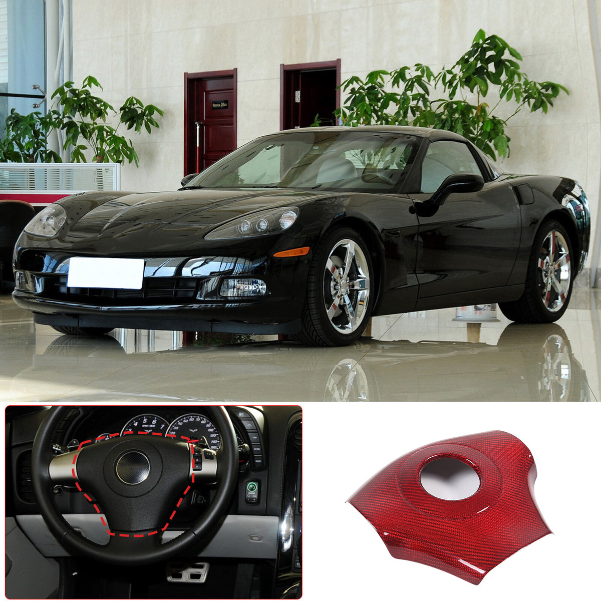 Red Real Carbon Fiber Steering Wheel Center Trim Sticker For Corvette C6 2005-13 12