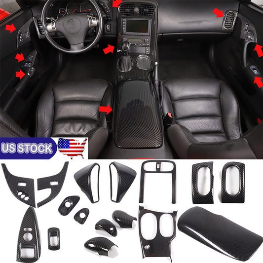 16pcs Carbon ABS Interior Center Console Panel Cover Trim Set For Corvette C6 US 1