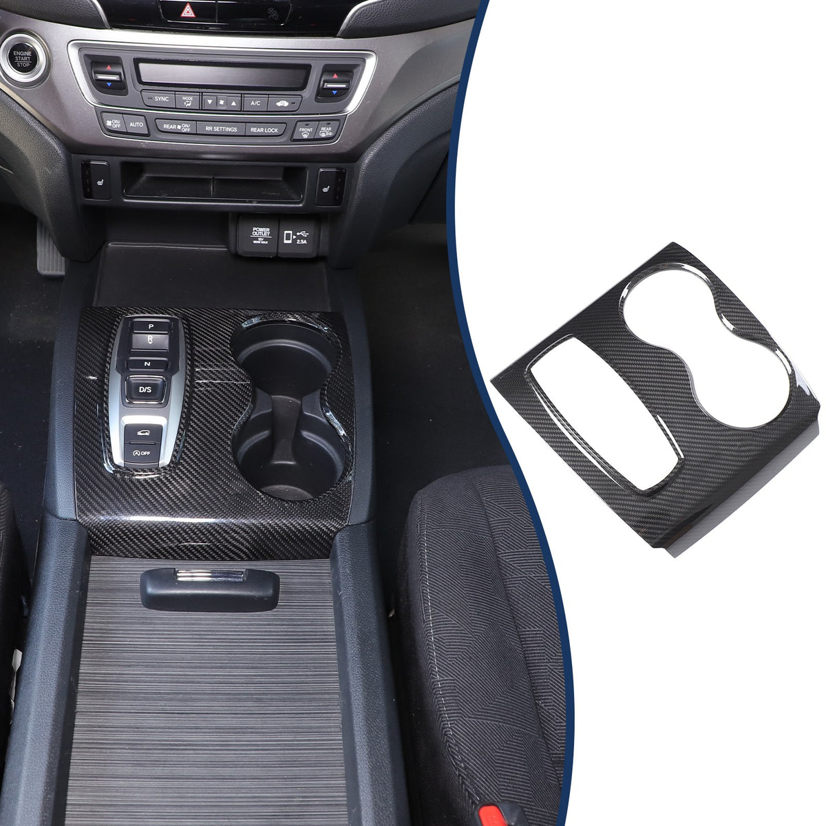 Real Carbon Fiber Center Gear Cup Trim For Honda Pilot/Ridgeline/Passport 16-22 2