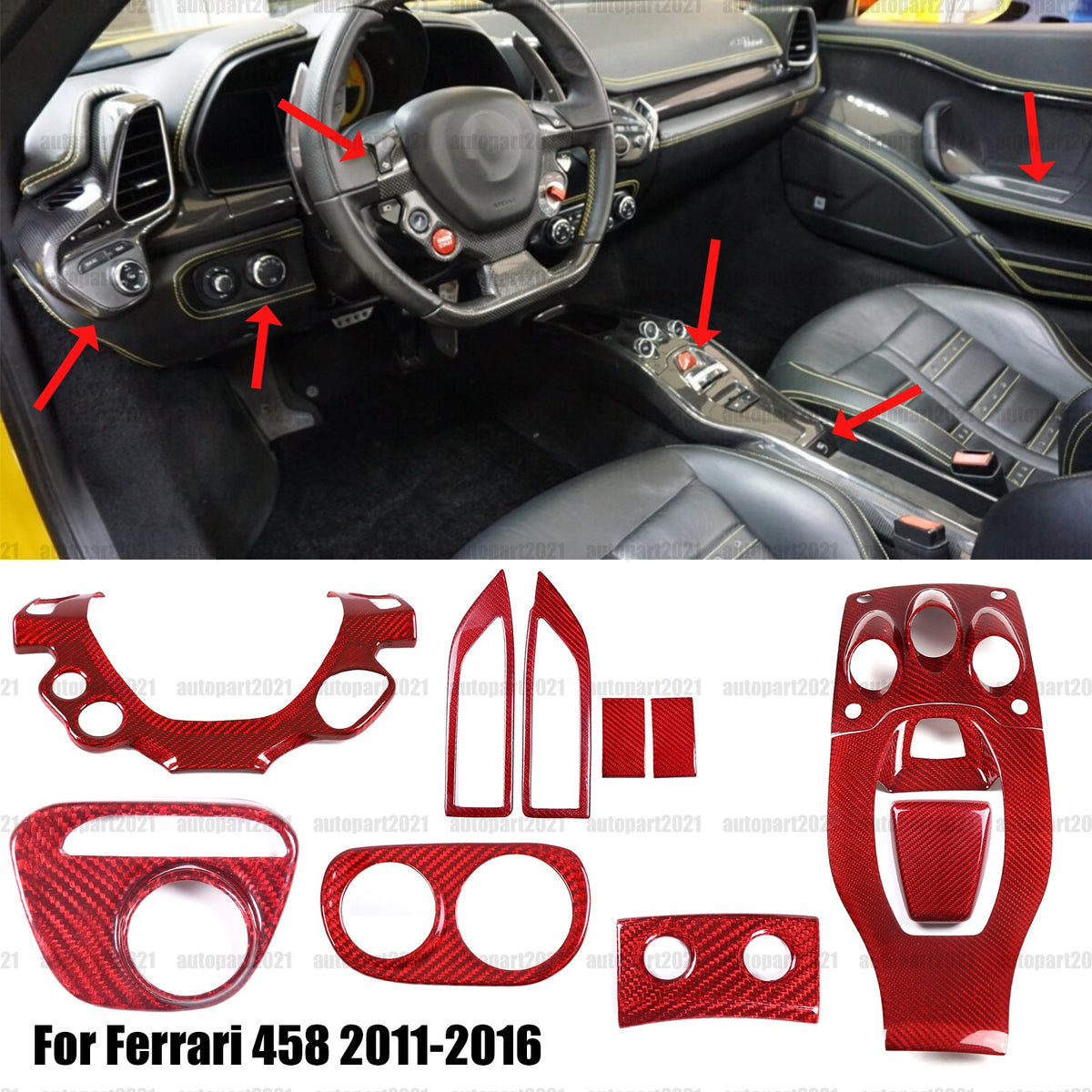 Red Real Carbon Fiber Center Interior Set Cover Trim Kit For Ferrari 458 2011-16 1