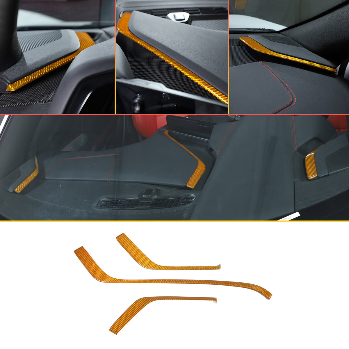 Yellow Carbon Fiber Console Side Dashboard Trim Strip For Corvette C8 20-25 1